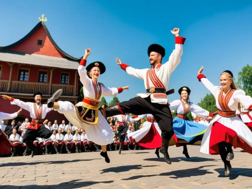 Apasionante danza tradicional ucraniana Cossack Dance con movimientos energéticos y coloridos trajes bordados en una animada plaza del pueblo al sol