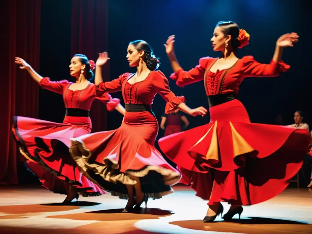 Un apasionante espectáculo de danza flamenca tradicional en un escenario, con trajes vibrantes y expresiones intensas