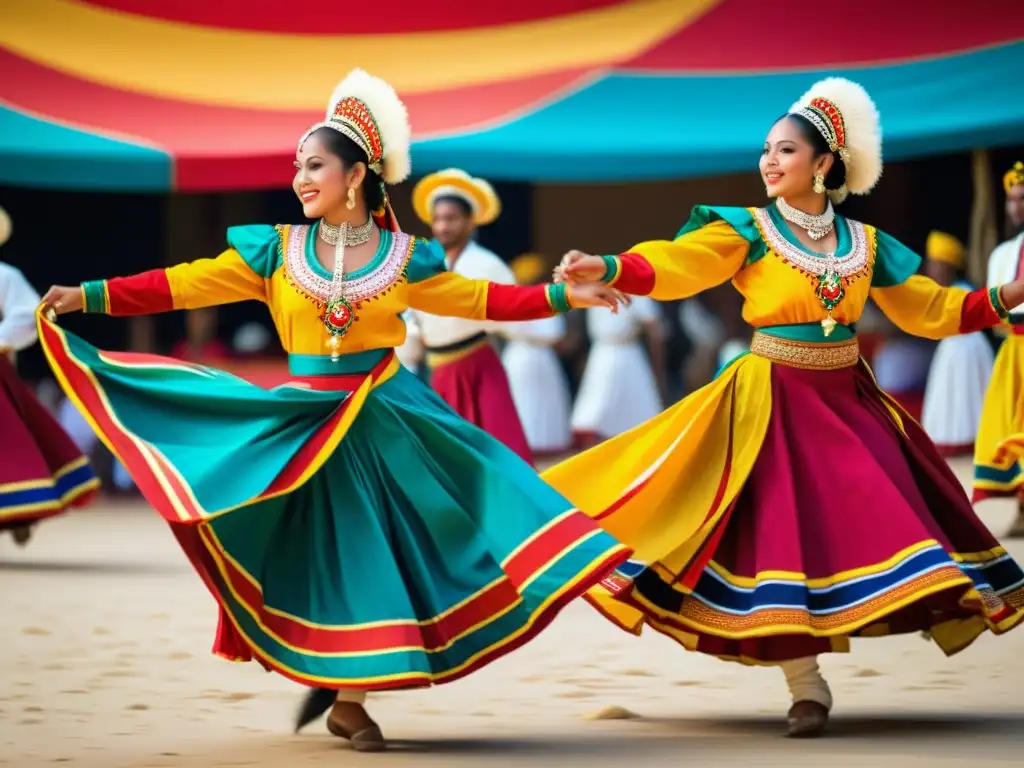 Aplicaciones de danza para descubrir culturas tradicionales: Fotografía detallada de bailarines tradicionales con trajes vibrantes moviéndose graciosamente en una celebración cultural