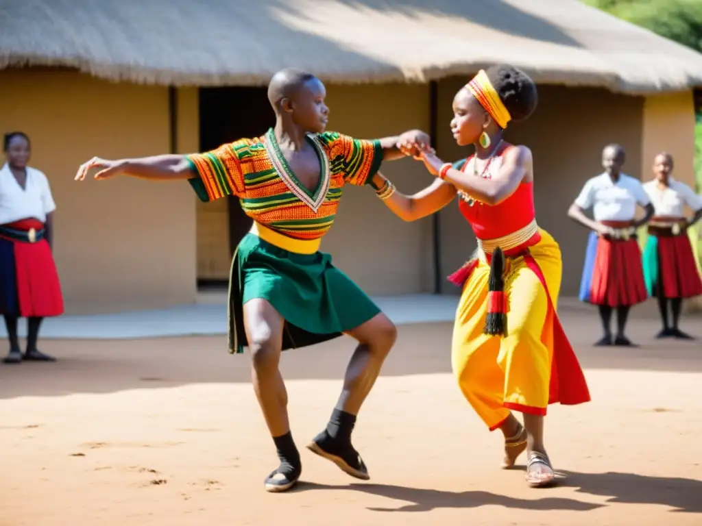 Aprendizaje intergeneracional en danza africana: jóvenes y mayores danzando juntos con entusiasmo y gracia en un escenario natural vibrante