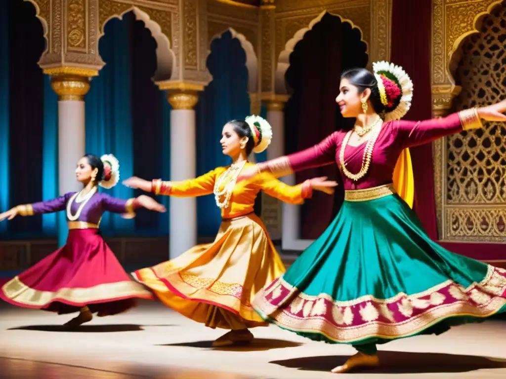 El arte del Kathak cobra vida con danzas vibrantes y expresivas en un escenario decorado, mostrando el significado cultural del Kathak