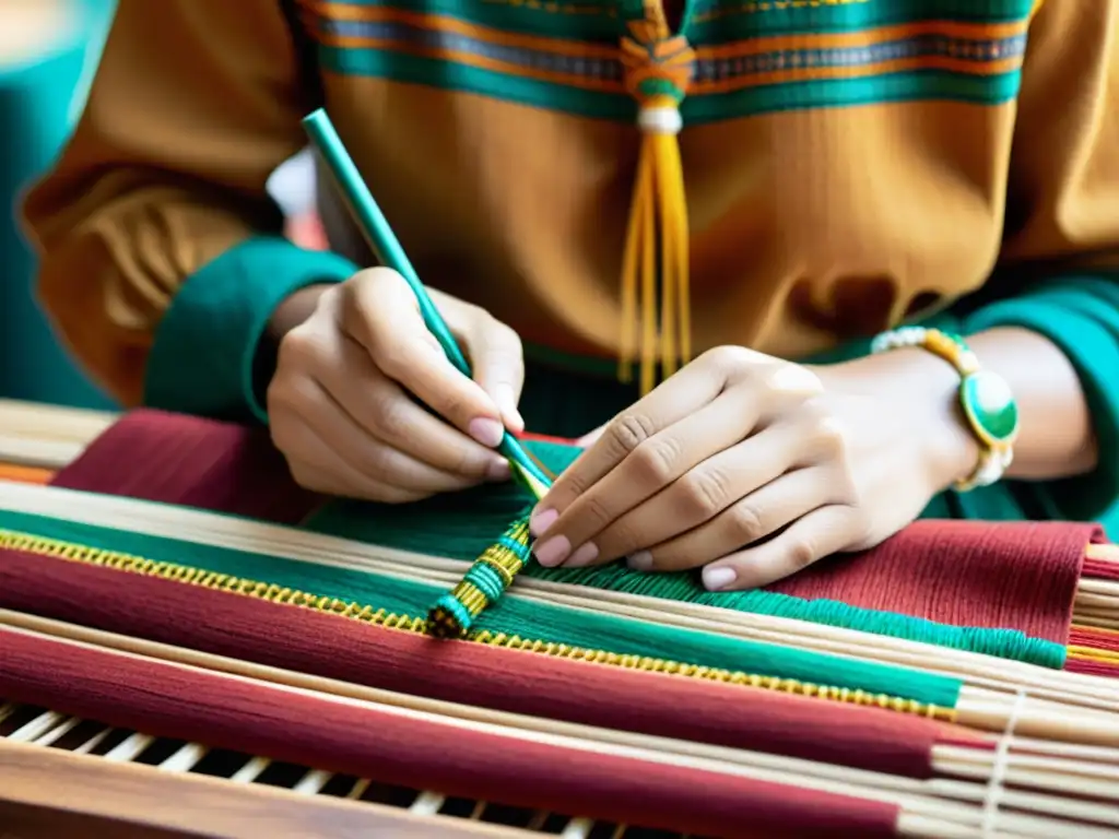 Artesana teje con cuidado un traje étnico sostenible, transmitiendo tradición y artesanía en fibras naturales para danzas tradicionales