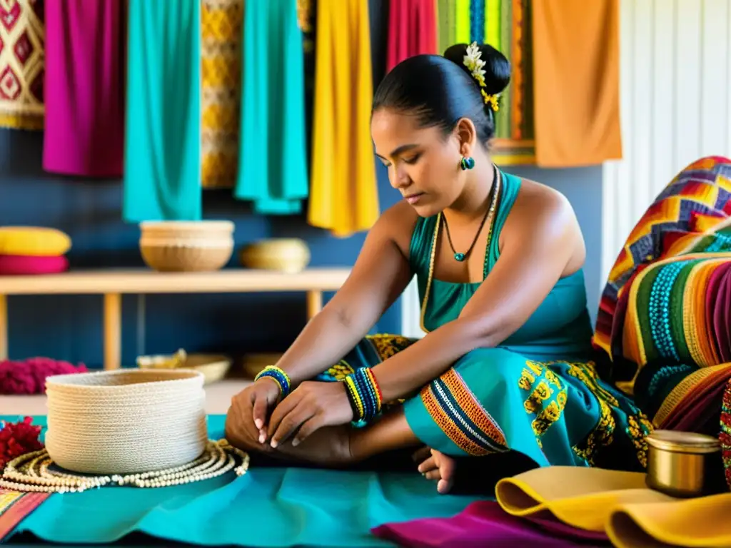 Artesana de las Islas Cook cosiendo traje de danza tradicional, capturando el significado cultural de la vestimenta