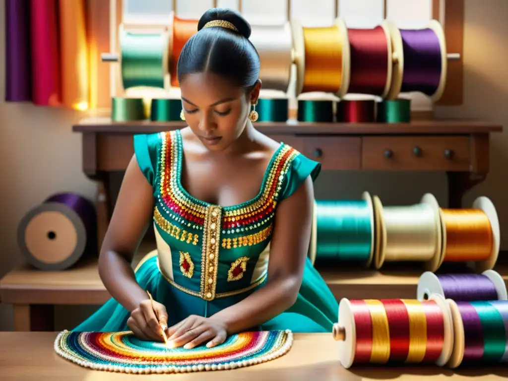 Artesana cosiendo a mano un traje de danza tradicional con delicadas cuentas y lentejuelas, en un ambiente cálido y lleno de color