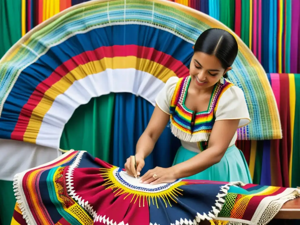 Artesana bordando trajes tradicionales representativos de Colombia en mercado colorido