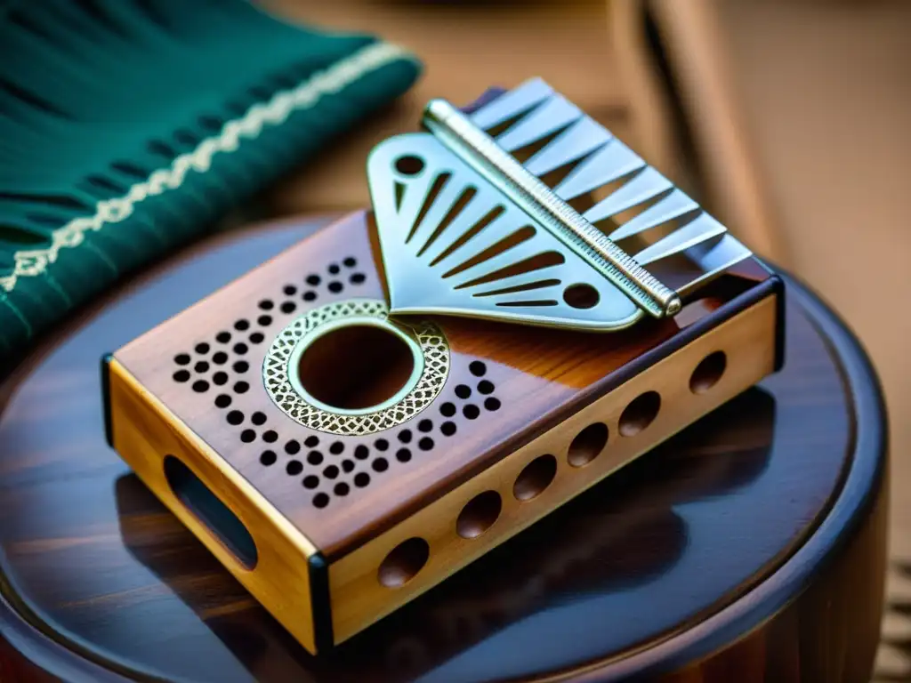 Un kalimba africano tradicional muestra su artesanía y rica herencia cultural, con personas bailando al fondo