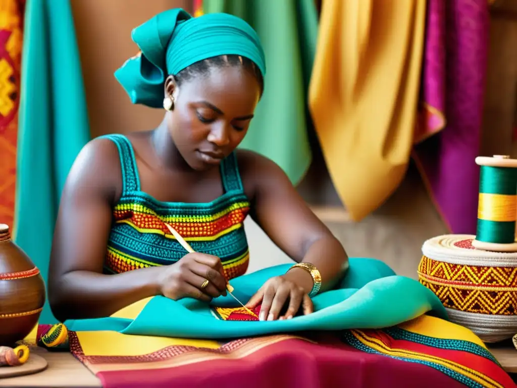 Un artesano africano cose con cuidado telas coloridas, mostrando el significado cultural de la indumentaria africana