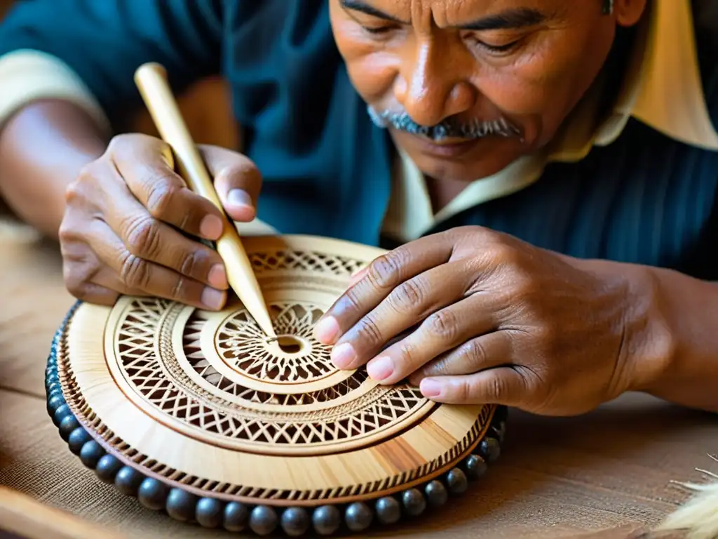 Artesano andino construyendo con dedicación un charango, destacando su rica artesanía y tradición musical