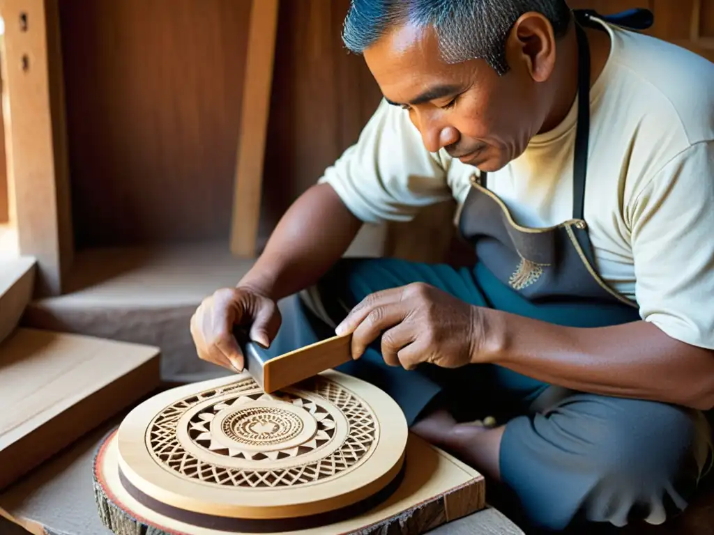 Un artesano andino talla con destreza el cuerpo de un charango, evocando la autenticidad y artesanía en la construcción del charango andino