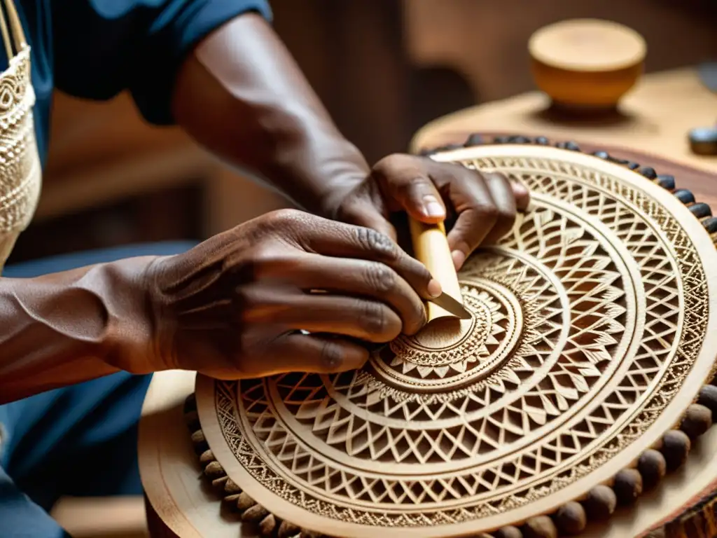 Un artesano andino talla con precisión la madera para la construcción del charango andino, mostrando su destreza y herencia cultural