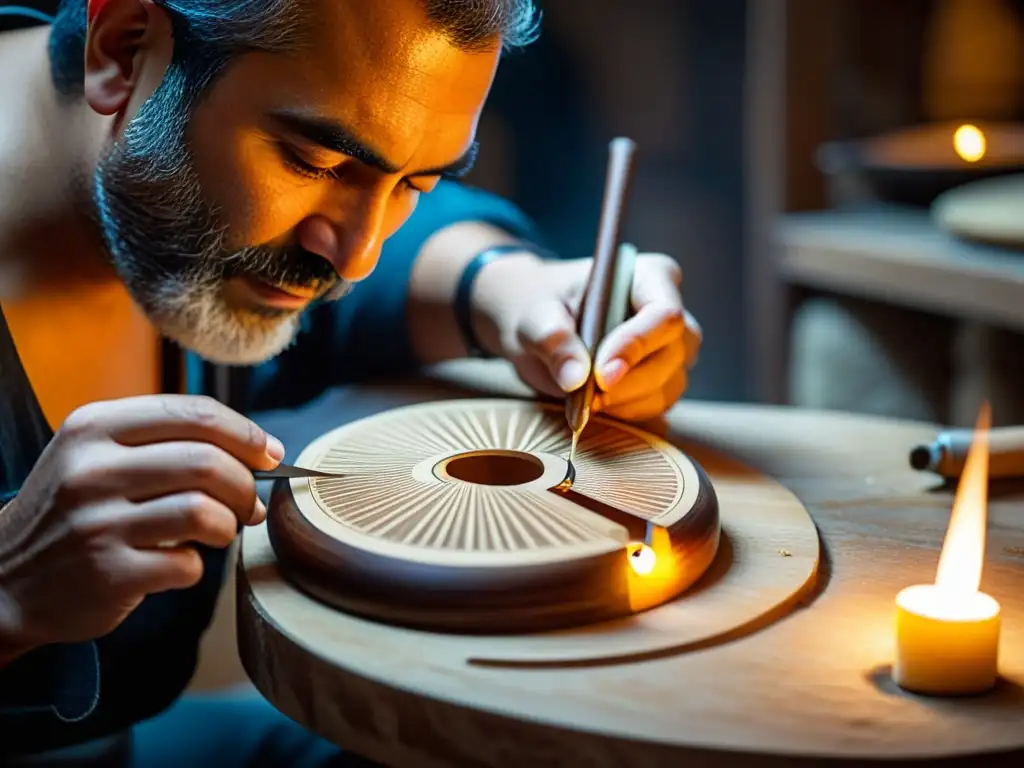 Artesano esculpiendo un bouzouki tradicional en 8k Artesano tallando un bouzouki griego en un taller rústico iluminado por velas