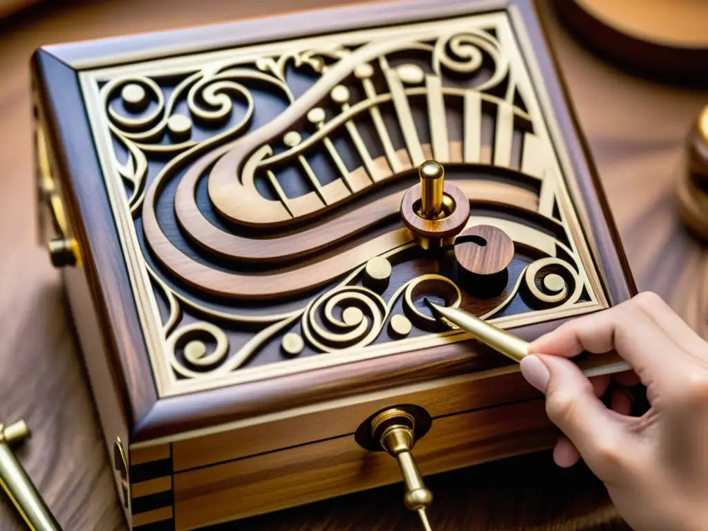 Un artesano esculpe con maestría una caja musical temática danza tradicional, destacando la precisión y el arte en cada detalle de la madera