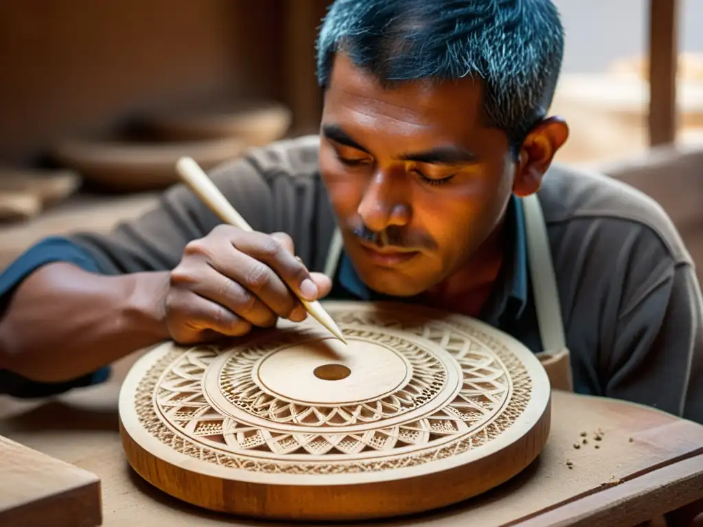 Artesano concentrado en la construcción del charango andino, tallando la madera con detalle en un taller iluminado por luz natural