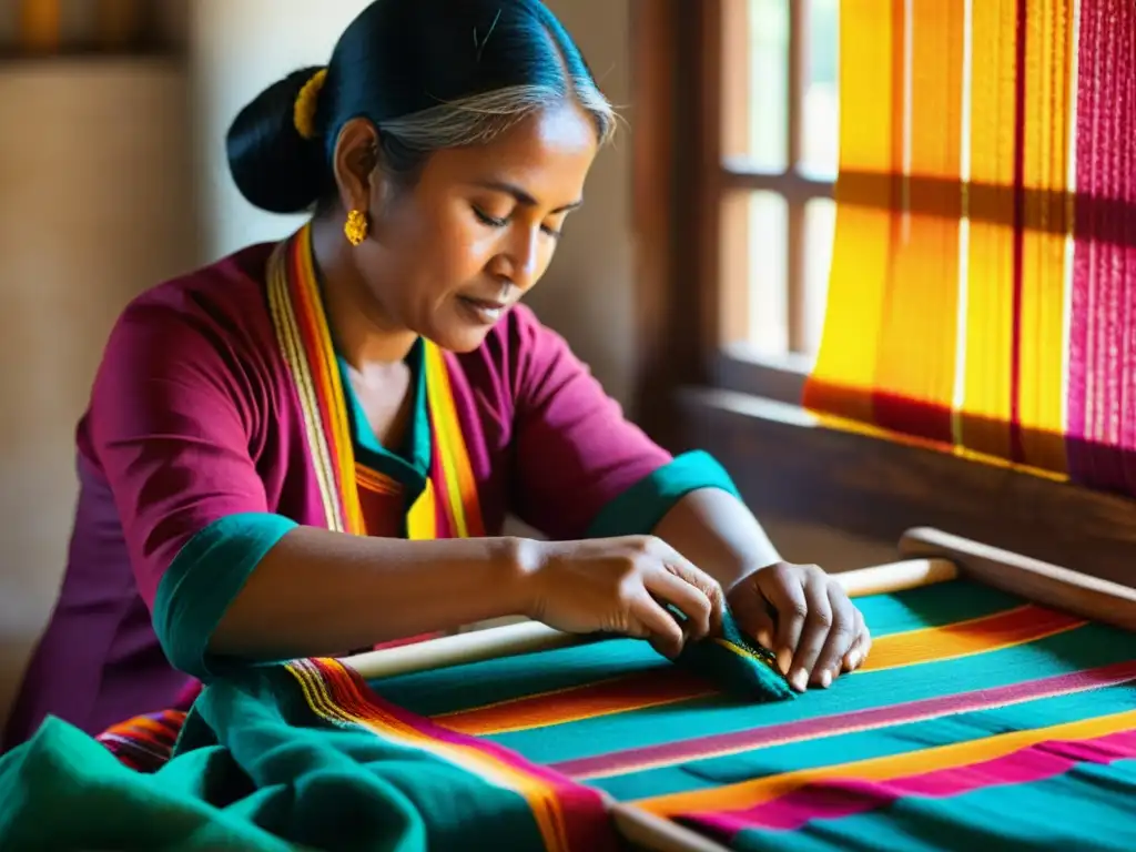 Un artesano teje con cuidado hilos vibrantes en un textil colorido, iluminado por la cálida luz natural