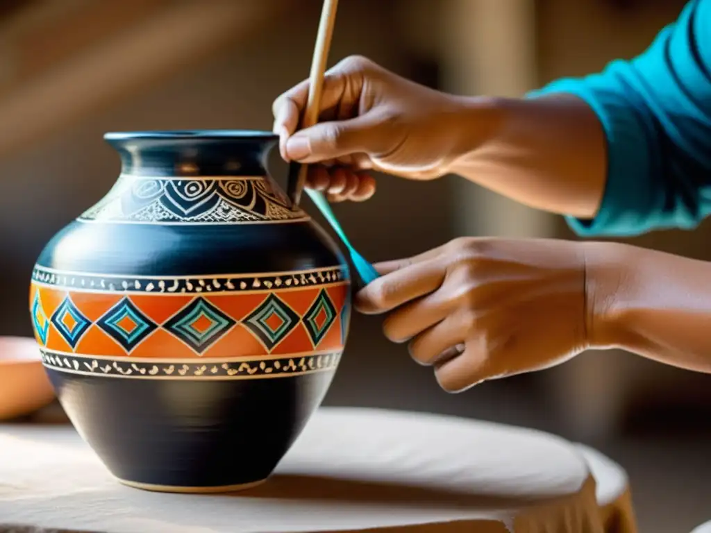 Un artesano pinta con cuidado patrones de danzas tradicionales en una vasija de cerámica, capturando la riqueza cultural en decoración hogareña