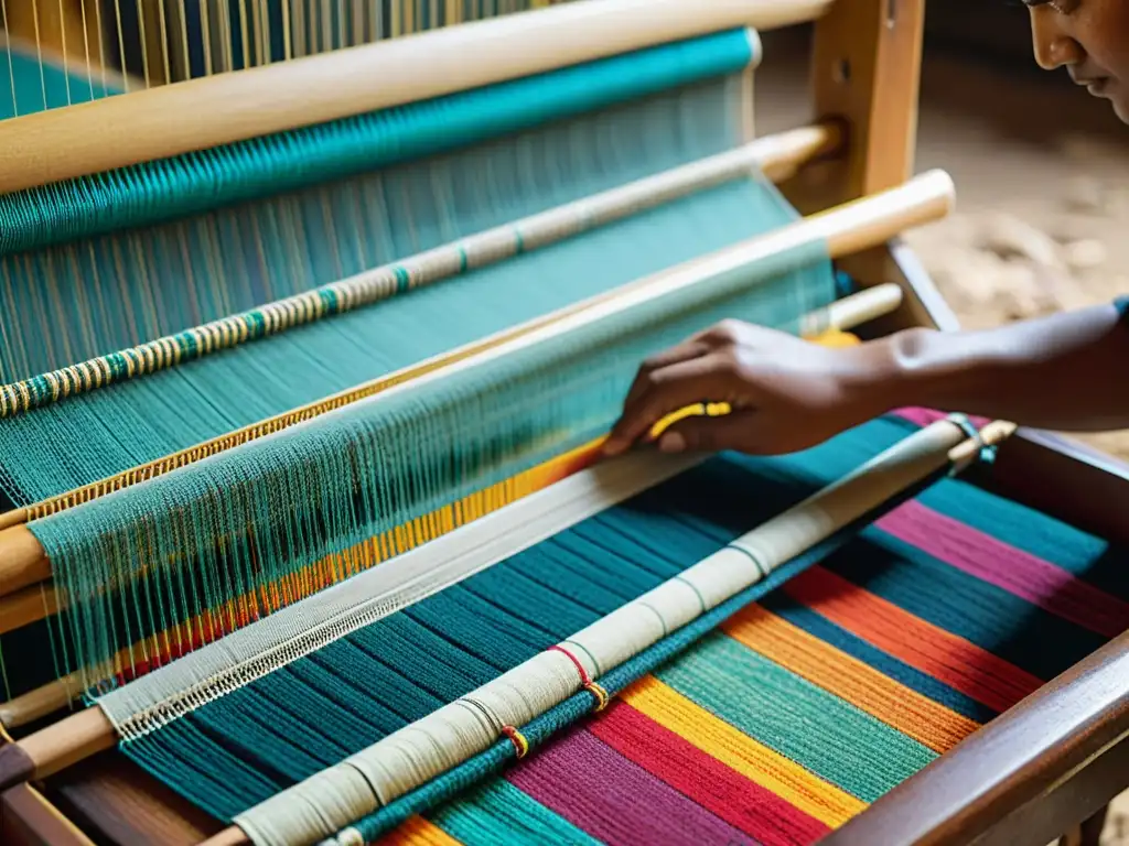 Un artesano hábil teje con cuidado en un telar tradicional, creando hermosos tejidos para danzas ceremoniales