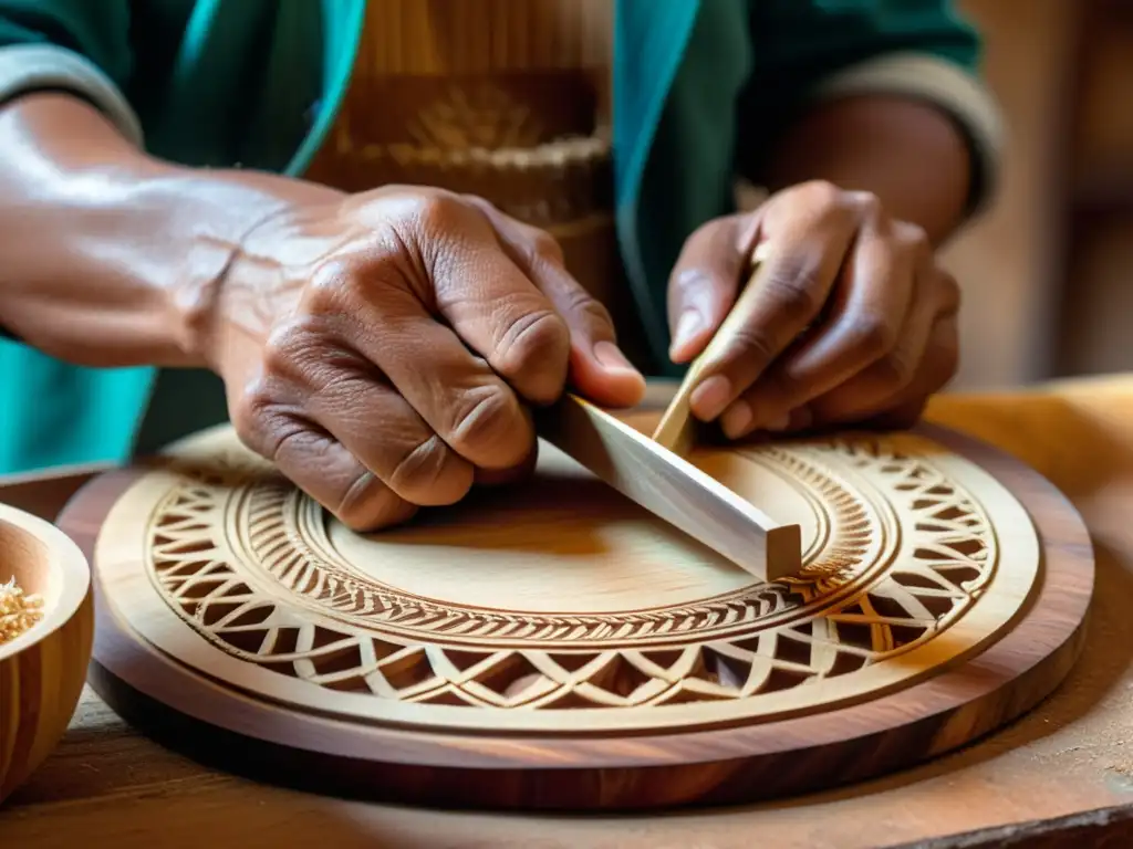 Artesano tallando con destreza un charango andino, mostrando dedicación y maestría en la construcción del instrumento tradicional