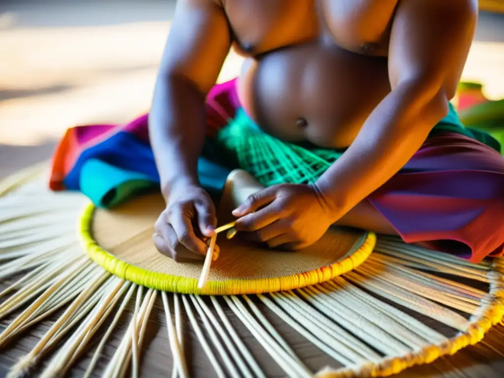 Un artesano de Wallis y Futuna confecciona con destreza vestimenta para danzas tradicionales, rodeado de telas vibrantes y plumas