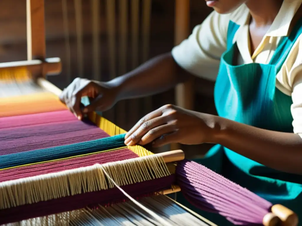 Un artesano teje con destreza hilos teñidos en un telar tradicional, resaltando la importancia de los materiales en la indumentaria tradicional