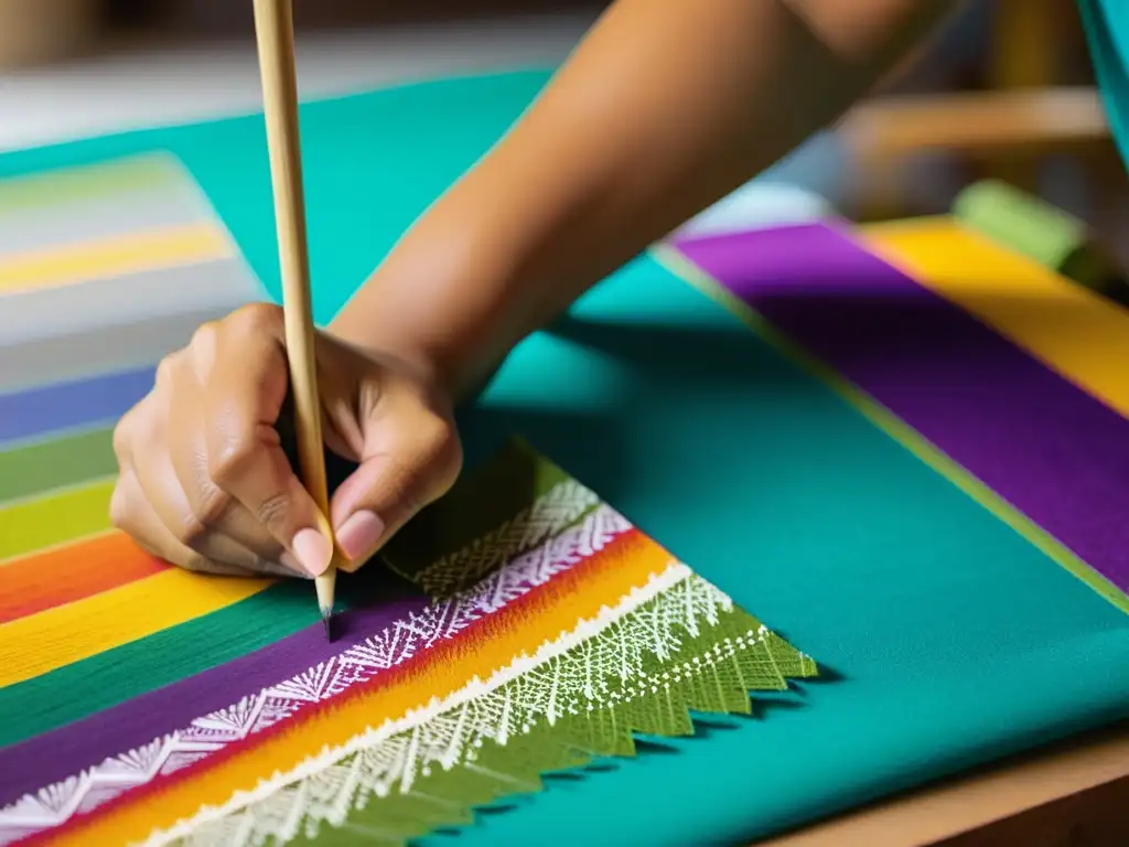 Un artesano aplica con destreza patrones vibrantes en un papel tapiz inspirado en danzas tradicionales, resaltando su meticulosidad y colorido