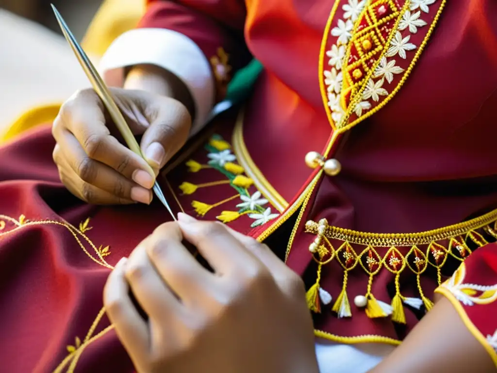 Un artesano borda con detalle un traje del Joropo Venezolano, reflejando su significado cultural y meticulosa artesanía