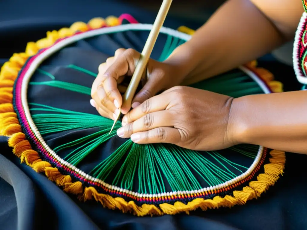 Un artesano experimentado borda con cuidado hilos vibrantes en un traje de danza autóctono, mostrando la rica tradición cultural en cada puntada