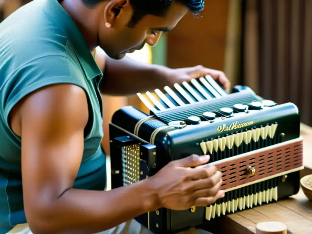 Un artesano experto en la elaboración del acordeón vallenato muestra su destreza y dedicación, rodeado de herramientas y materiales