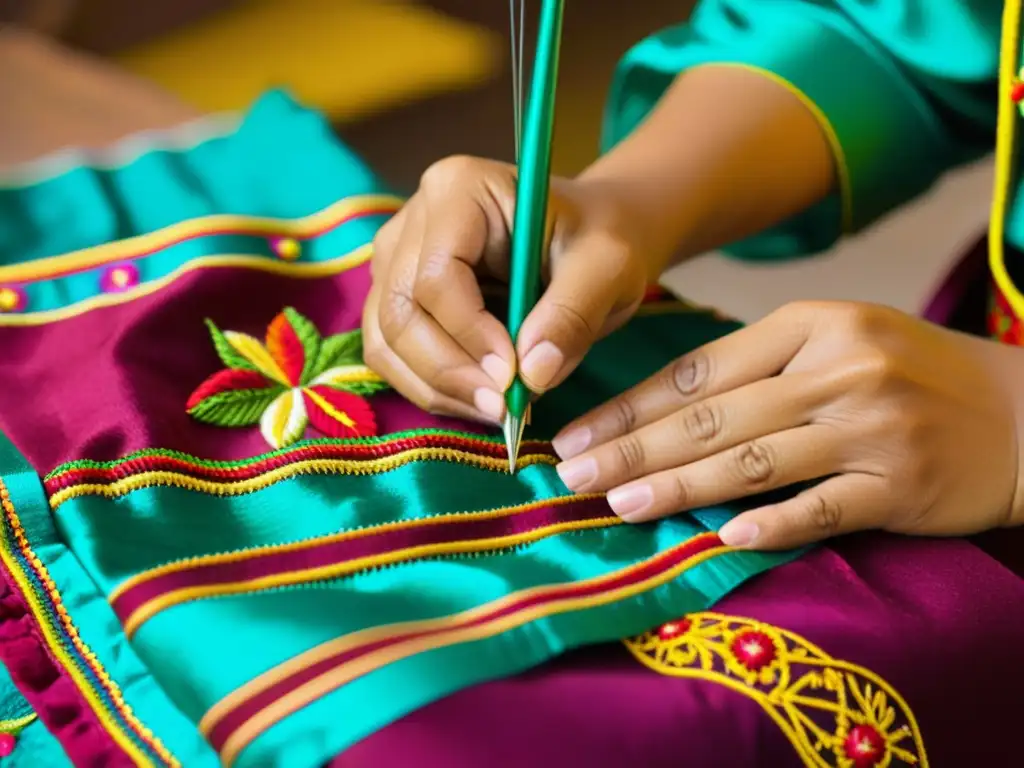 Un artesano experto borda con cuidado hilos coloridos en un traje tradicional del Joropo Venezolano, mostrando su significado cultural