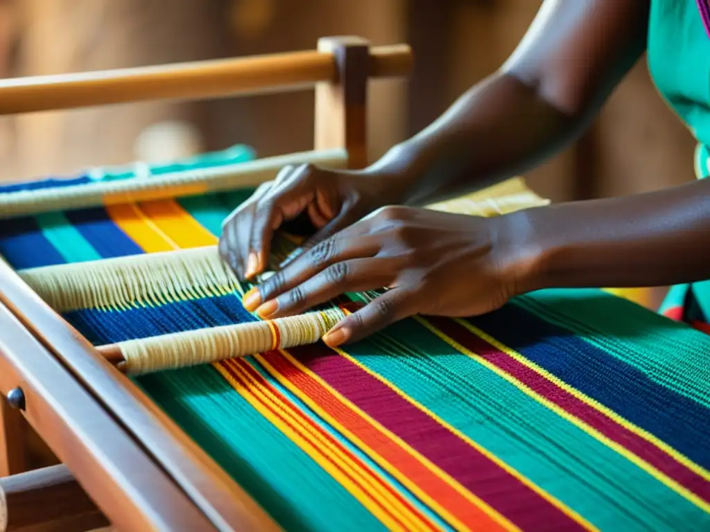 Un artesano experto teje con destreza la colorida tela africana en un telar de madera, mostrando la rica herencia cultural y la meticulosa artesanía de la confección vestimenta africana tradicional