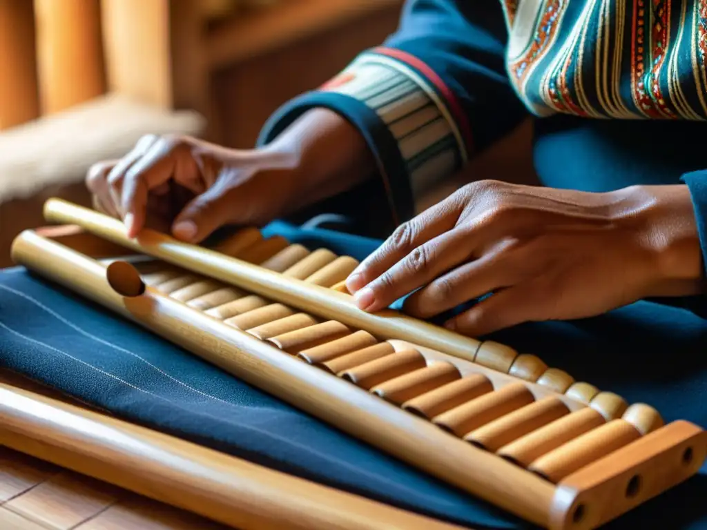 Un artesano experto moldea con destreza una flauta de Pan Andina Inca, resaltando la artesanía y significado cultural del instrumento