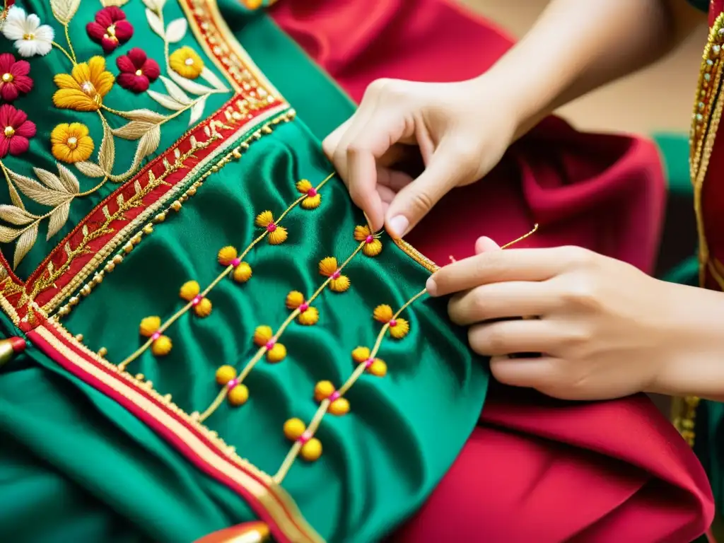 Un artesano experto borda con meticulosidad un traje de danza tradicional, destacando las técnicas artesanales en vestuario