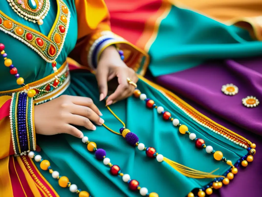 Un artesano experto elabora con meticulosidad un vibrante y complejo traje de danza tradicional, rodeado de telas y adornos coloridos