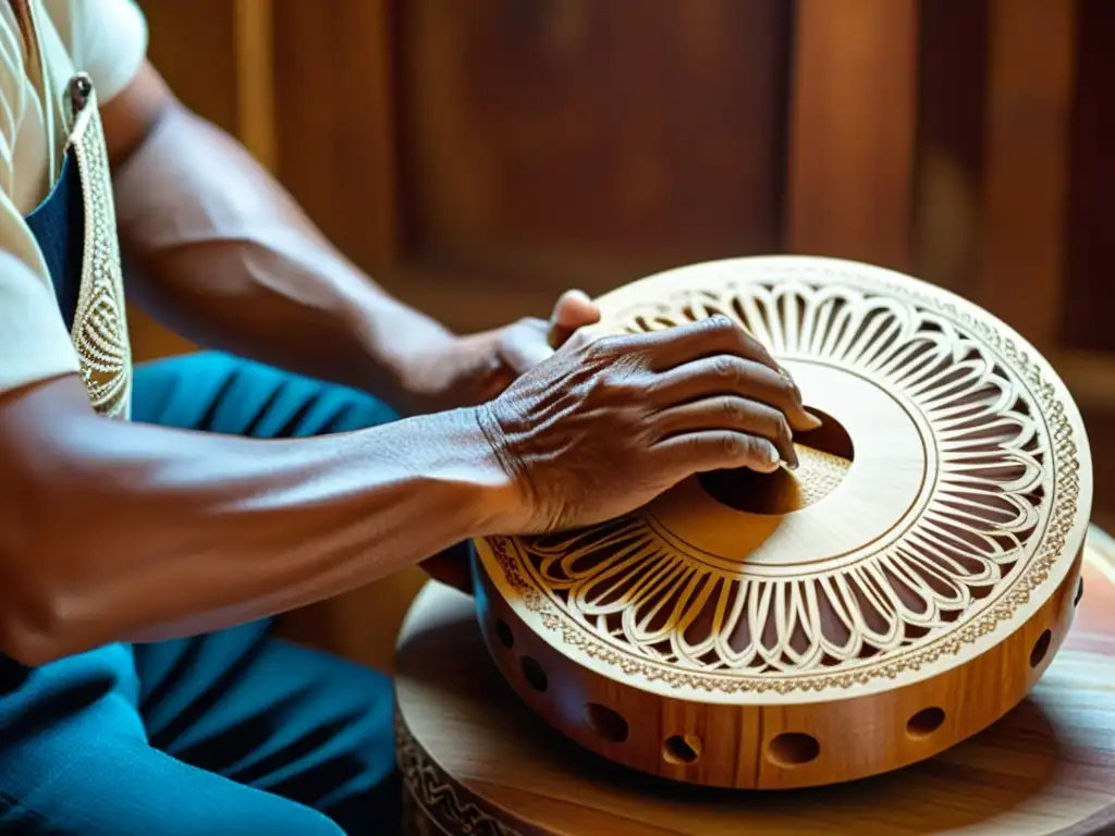 Un artesano experto talla con destreza la madera para la construcción del charango andino, destacando la tradición y artesanía