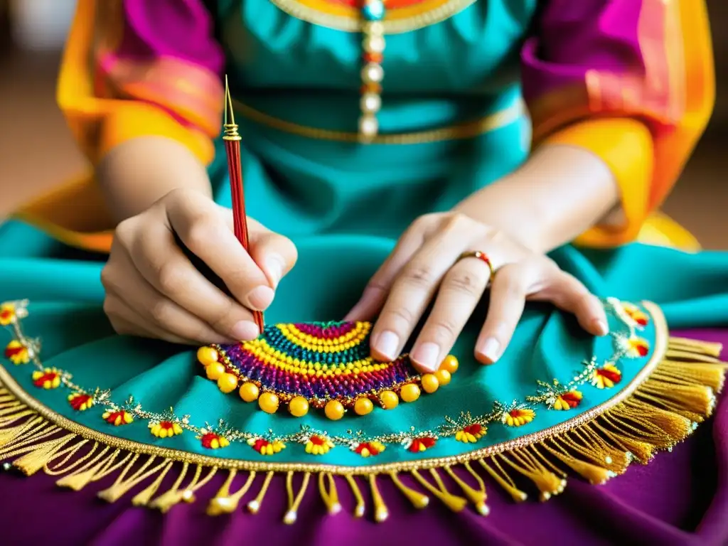 Un artesano experto borda minuciosamente un traje de danza tradicional, mostrando la meticulosidad en el diseño de trajes de danza tradicionales