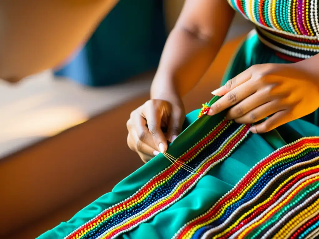 Un artesano experto confecciona trajes de danza autóctonos, cosiendo meticulosamente adornos de cuentas en un vibrante traje tradicional