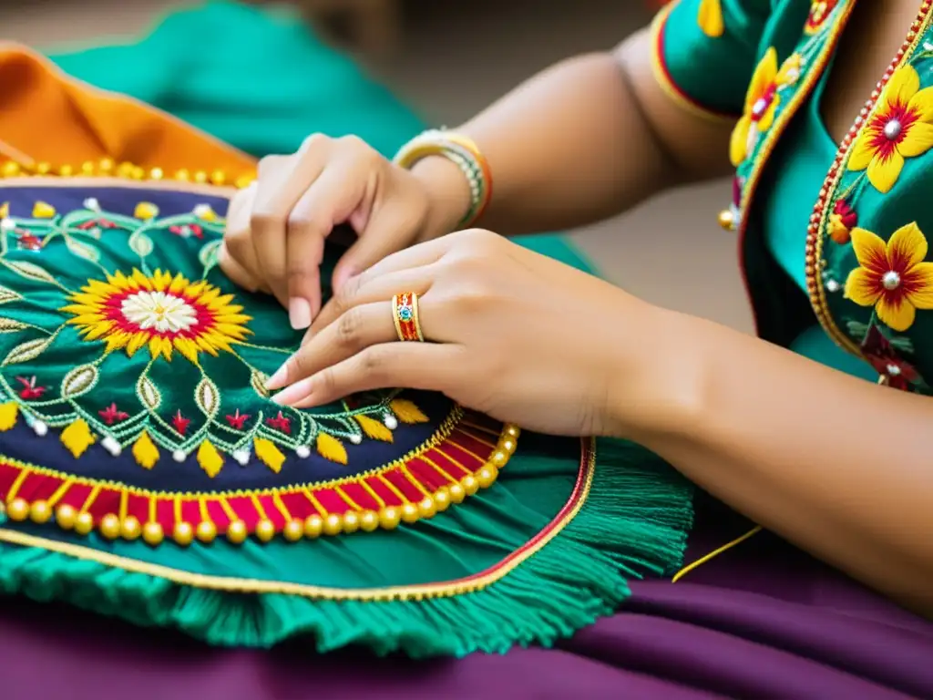 Un artesano borda con habilidad patrones coloridos en un traje de danza auténtico, reflejando la rica tradición y artesanía de la creación