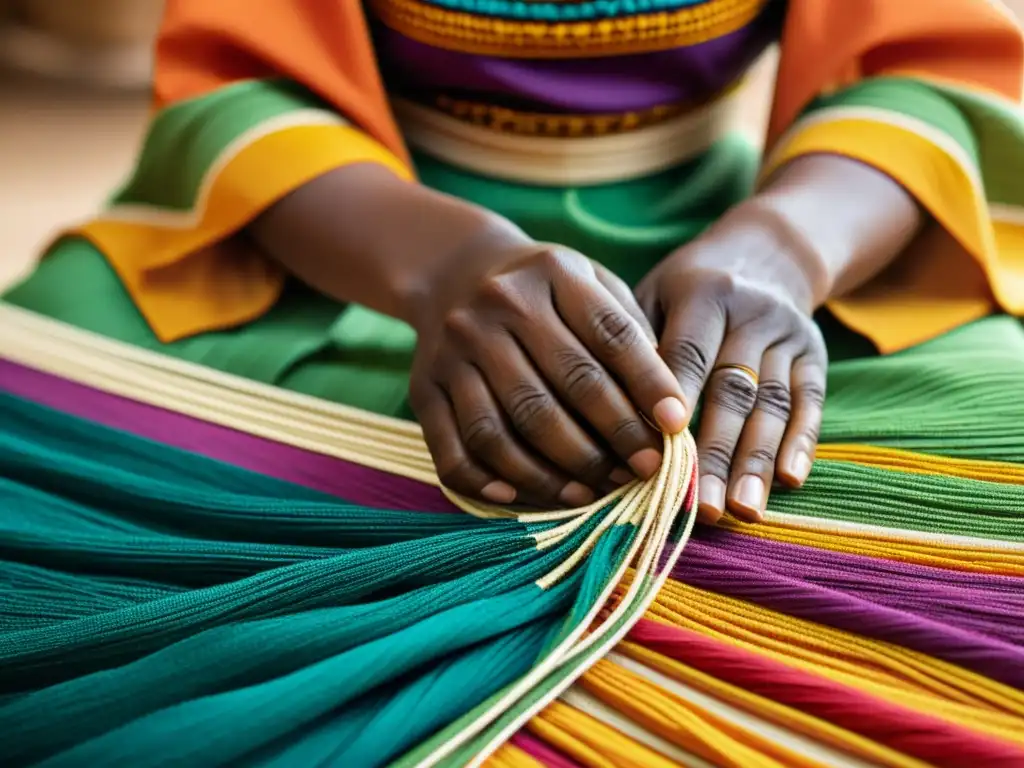 Un artesano habilidoso teje con meticulosidad una colorida prenda africana tradicional, mostrando la rica confección vestimenta africana tradicional