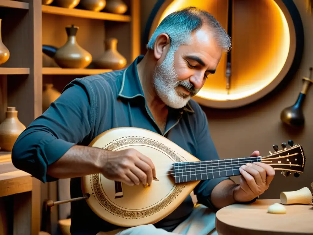 Maestro artesano tallando una obra maestra en bouzouki griego Un artesano habilidoso talla con meticulosidad diseños intrincados en el cuerpo de un tradicional bouzouki griego