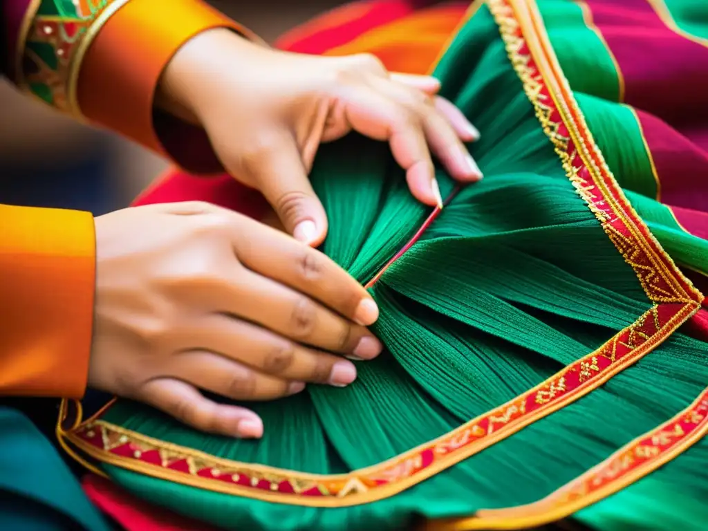 Un artesano habilidoso borda meticulosamente un traje de danza tradicional, resaltando la importancia del diseño de vestimenta en la danza tradicional