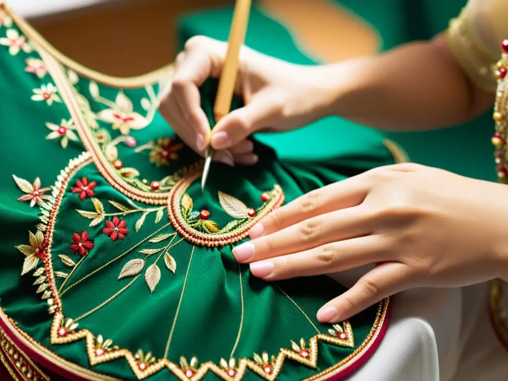 Un artesano cuidadosamente restaura un hermoso vestuario de ballet, destacando la dedicación y precisión en la conservación