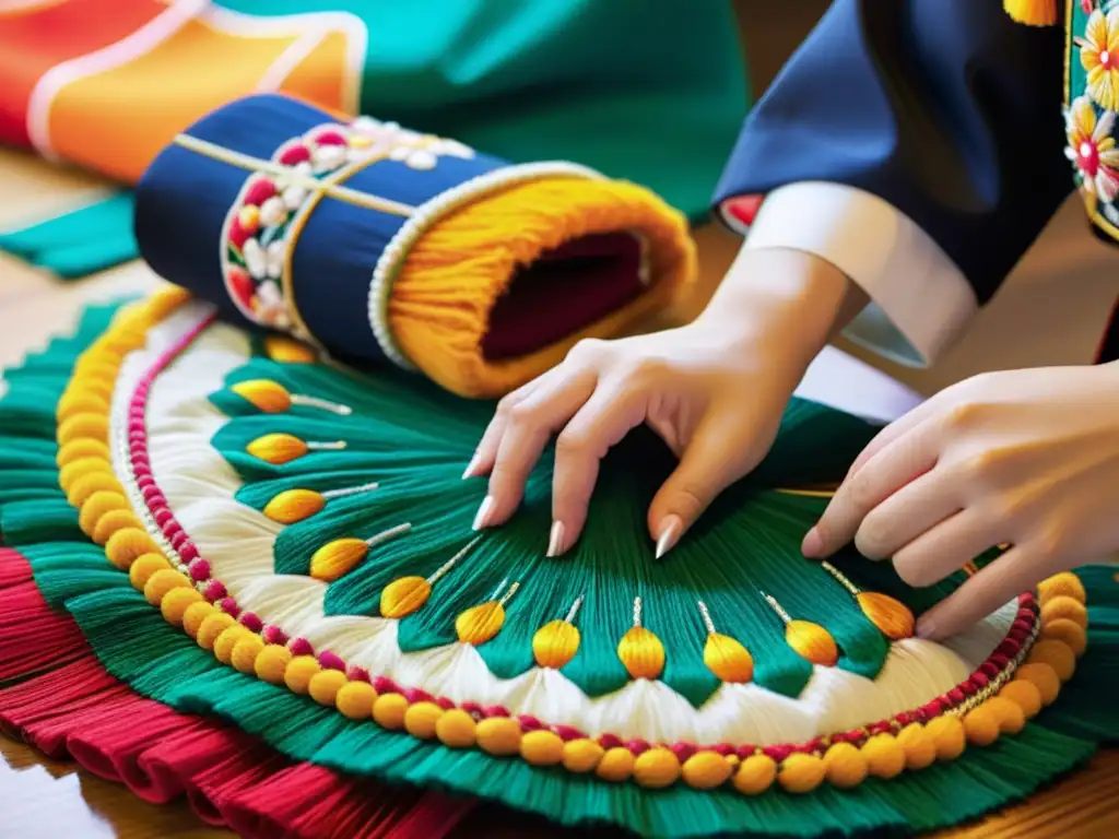 Un artesano japonés borda con cuidado un traje de danza, destacando el significado y la artesanía de las vestimentas de danzas japonesas