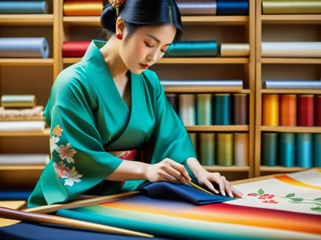 Un artesano japonés pinta a mano un kimono con patrones intrincados, rodeado de colores vibrantes y telas