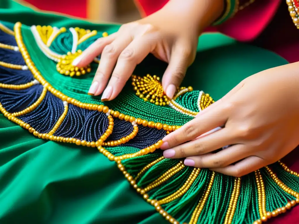 Artesano cosiendo a mano detallada vestimenta de danza, destacando el proceso de creación de trajes auténticos