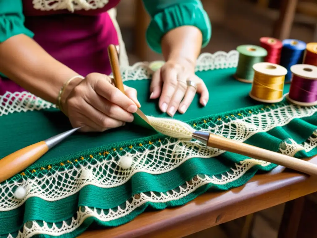 Artesano teje a mano un hermoso encaje chileno, con coloridos hilos y herramientas antiguas sobre una mesa de madera rústica