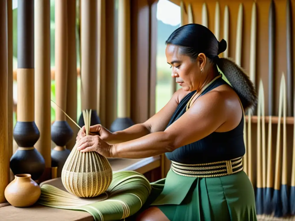 Un artesano maorí hábil teje poi tradicionales con materiales naturales en un taller luminoso, transmitiendo autenticidad cultural