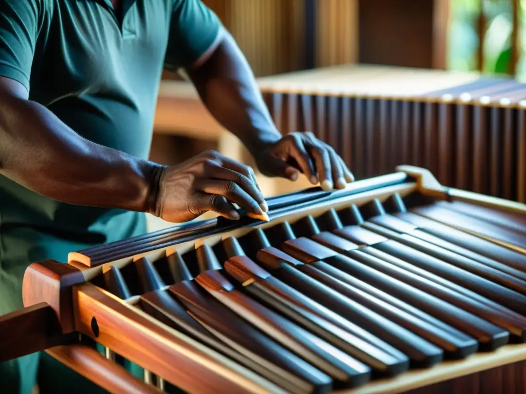 Un artesano de marimbas talla con precisión una pieza de madera oscura en su taller iluminado por el sol