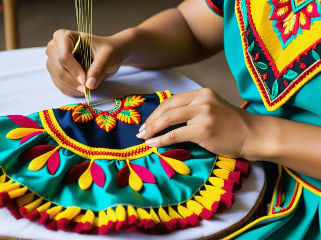 Un artesano borda con meticulosidad un traje de danza autóctono, reflejando orgullo y destreza en la confección de trajes de danza autóctonos