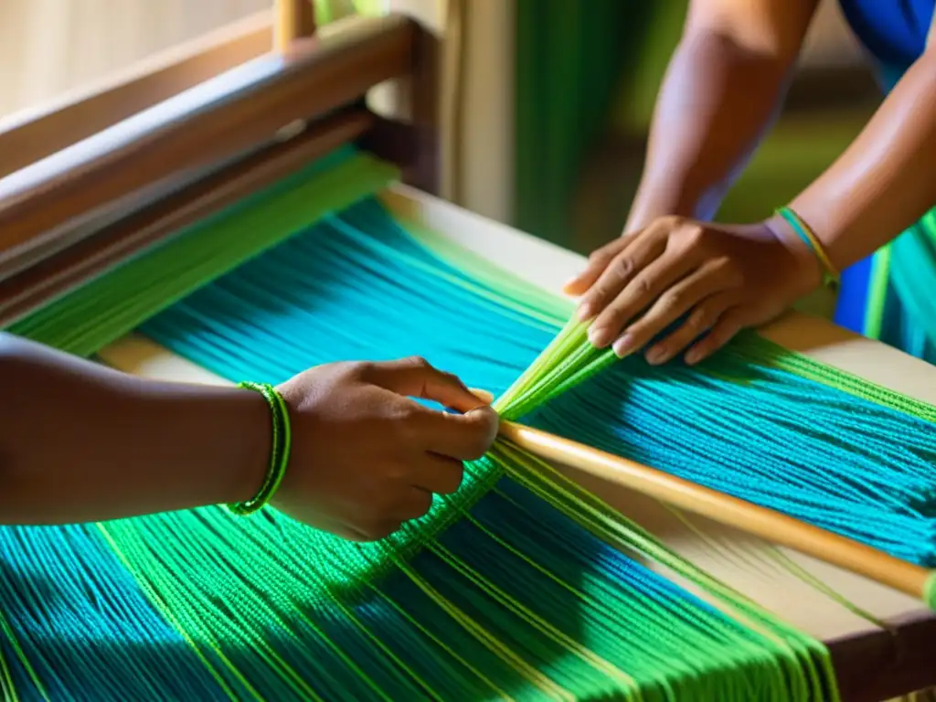 Un artesano palauano teje con cuidado fibras verdes y azules para crear una vestimenta de danza tradicional