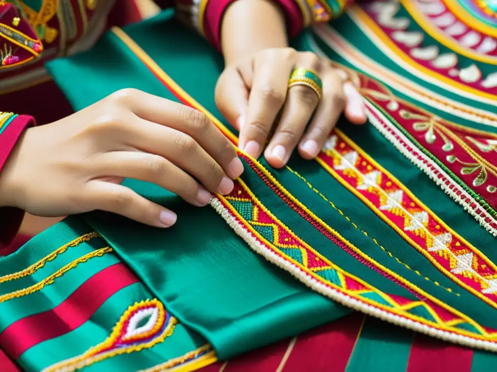 Artesano cosiendo con precisión un traje de danza auténtico, reflejando dedicación y tradición en el proceso de creación