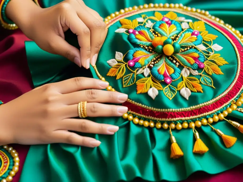 Un artesano borda con precisión un traje de danza, tejiendo técnicas artesanales en cada puntada, evocando la riqueza cultural